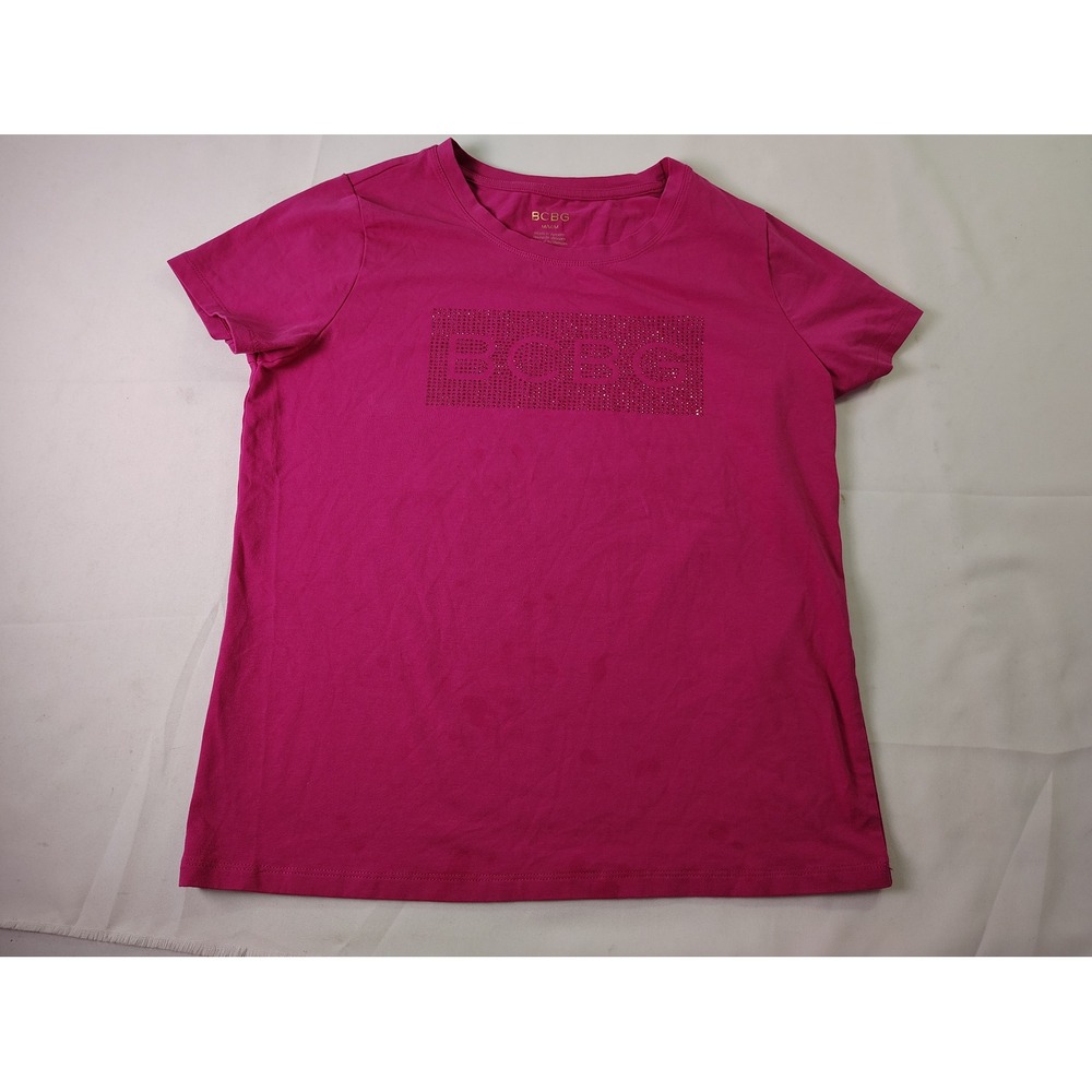 BCBG Max Azria Women M Pink Rhinestone Box Logo Short Sleeve T Shirt Bling Tee